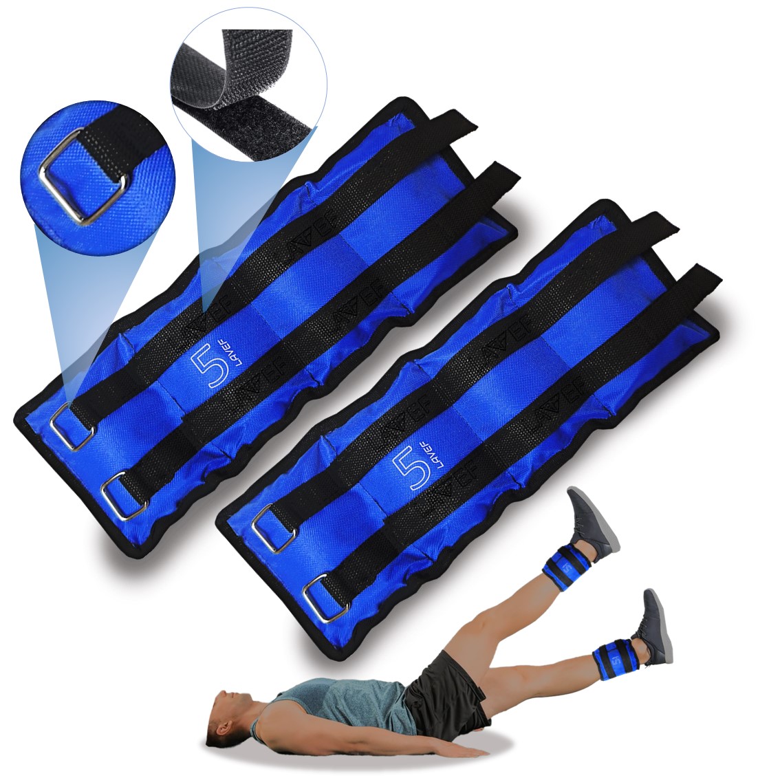 Tobilleras de peso 5 kg en azul, con correas negras y hebillas metálicas, utilizadas por un hombre acostado.