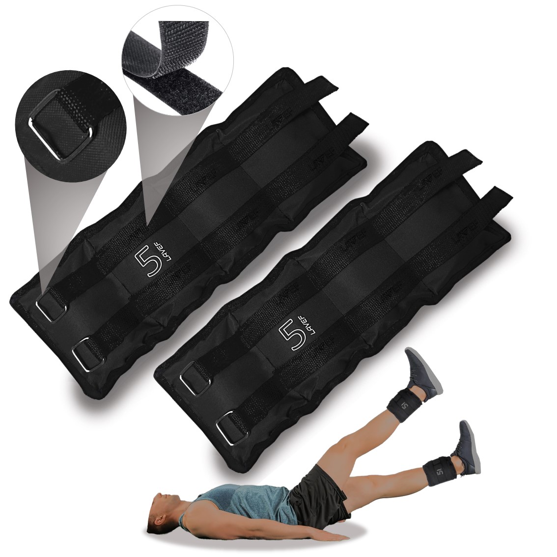 Par de pesas tobilleras negras de 5kg, con correas ajustables y hebilla metálica, usadas por hombre en ejercicio.