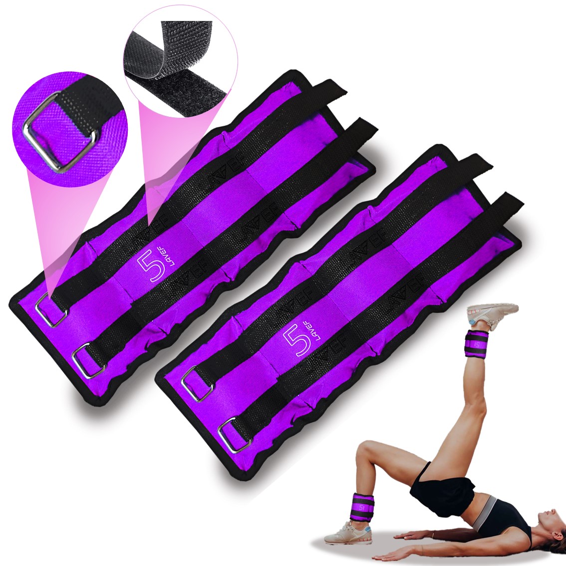 Pesas tobilleras moradas con negro para ejercicio, 5K cada una, con correas ajustables.