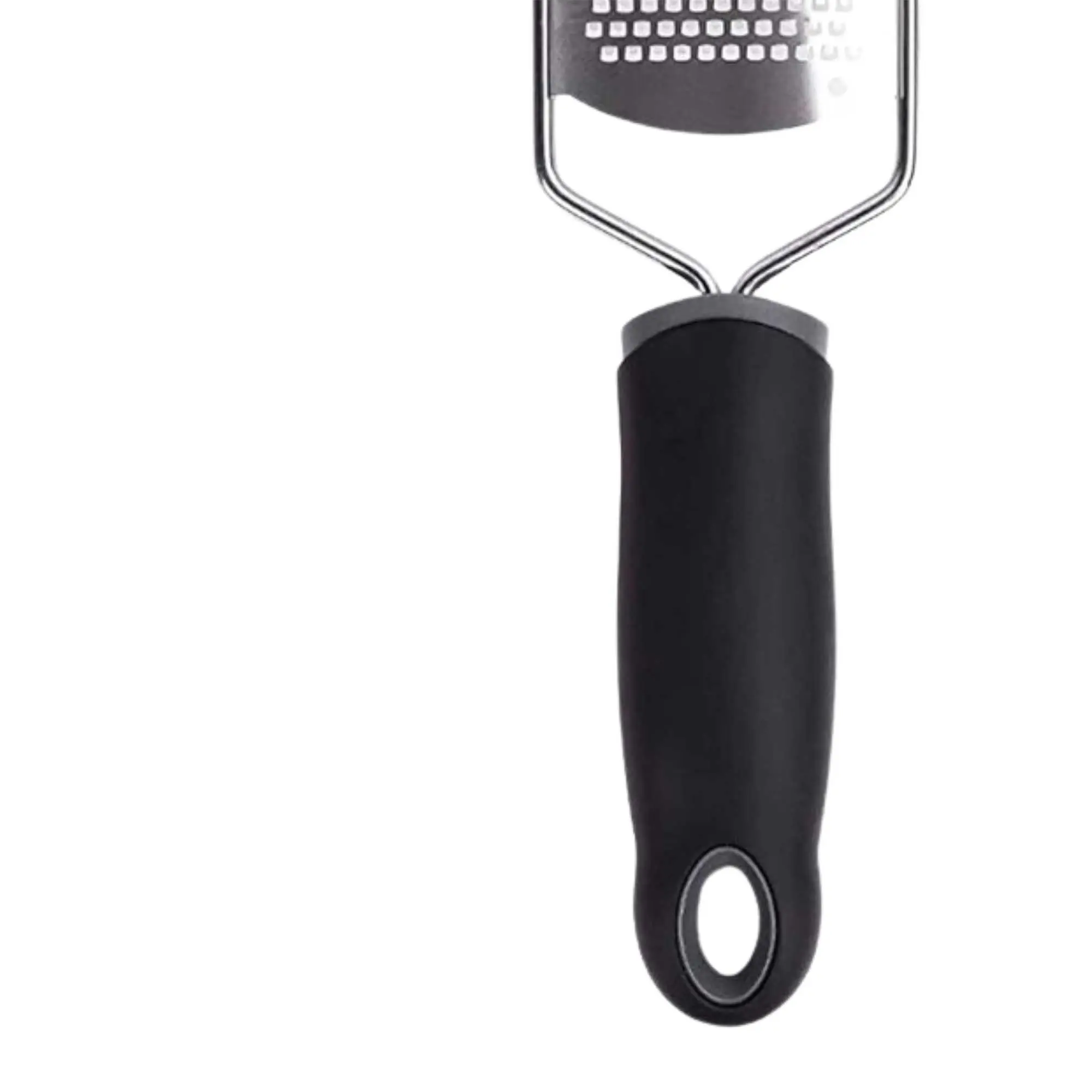 Rallador de acero inoxidable con mango ergonómico negro, ideal para rallar finamente.