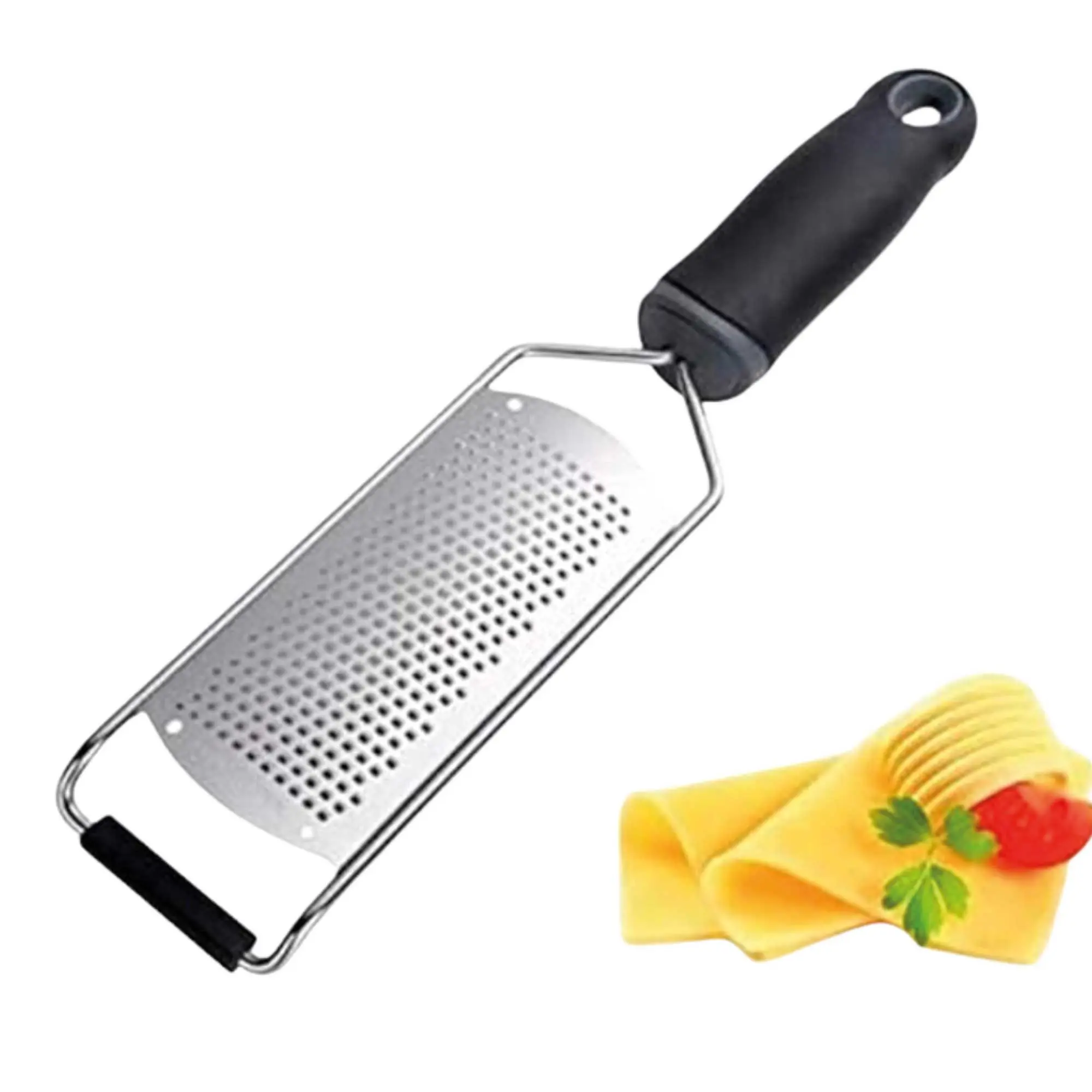 Rallador de acero inoxidable con mango ergonómico negro, ideal para quesos y vegetales.