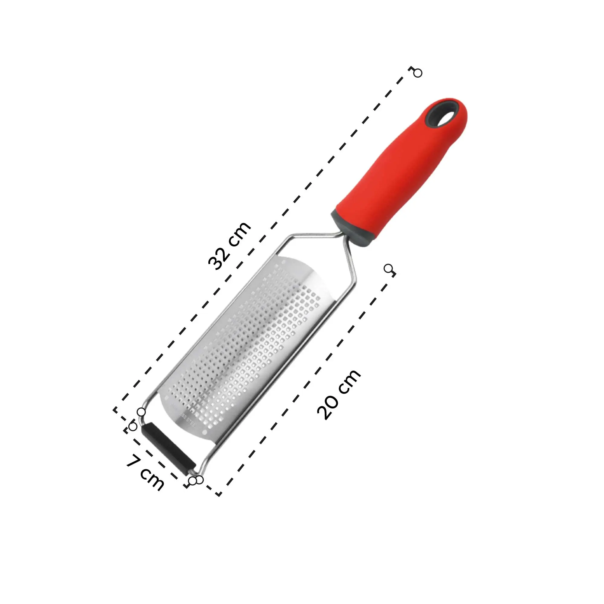 Rallador de acero inoxidable de 32 cm con mango ergonómico rojo, ancho de 7 cm y largo de 20 cm.