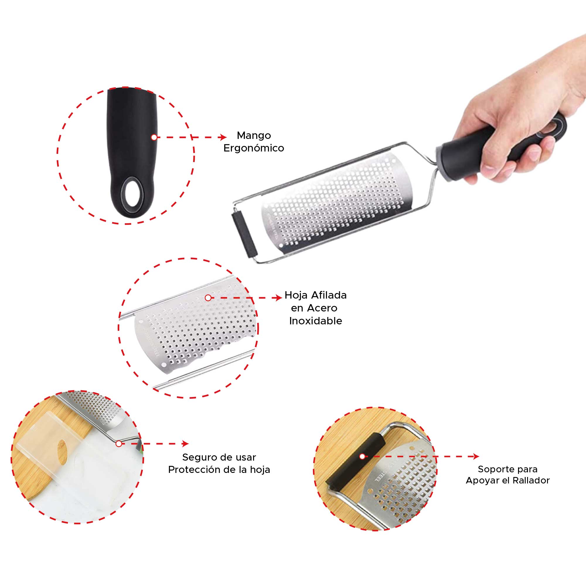 Rallador de acero inoxidable con mango ergonómico negro, hoja afilada y soporte para apoyar. Incluye protector de hoja.