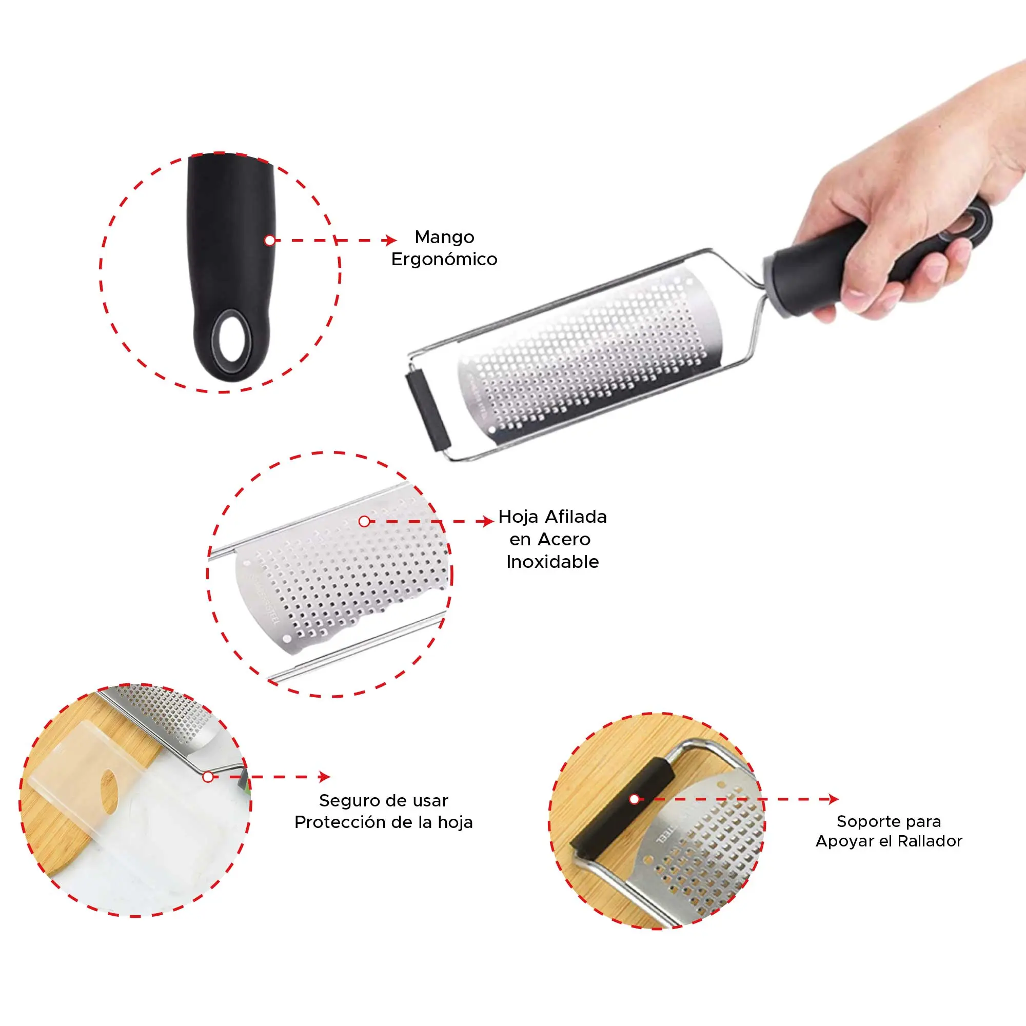 Rallador de acero inoxidable con mango ergonómico negro, hoja afilada y soporte para apoyar. Incluye protector de hoja.