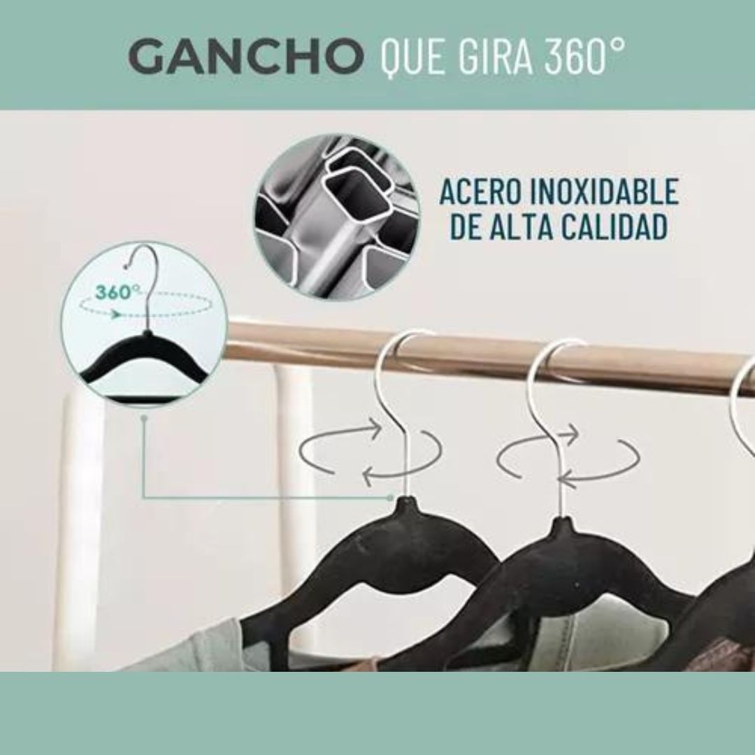Gancho de ropa negro giratorio 360°, acero inoxidable, ideal para organizar vestier.