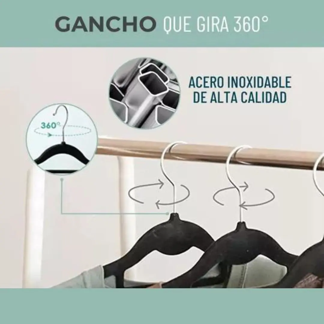 Gancho de ropa negro giratorio 360°, acero inoxidable, ideal para organizar vestier.