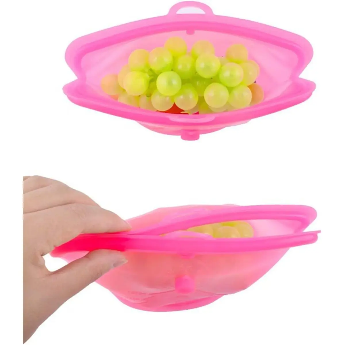 Set x2 bolsas herméticas rosadas de silicona, una llena de uvas y la otra siendo cerrada por mano.