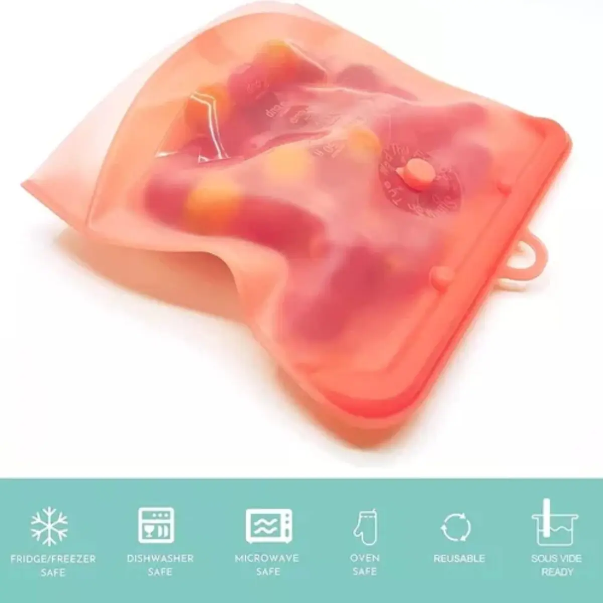 Bolsa hermética naranja de silicona reutilizable para alimentos con cierre, ideal para conservar.