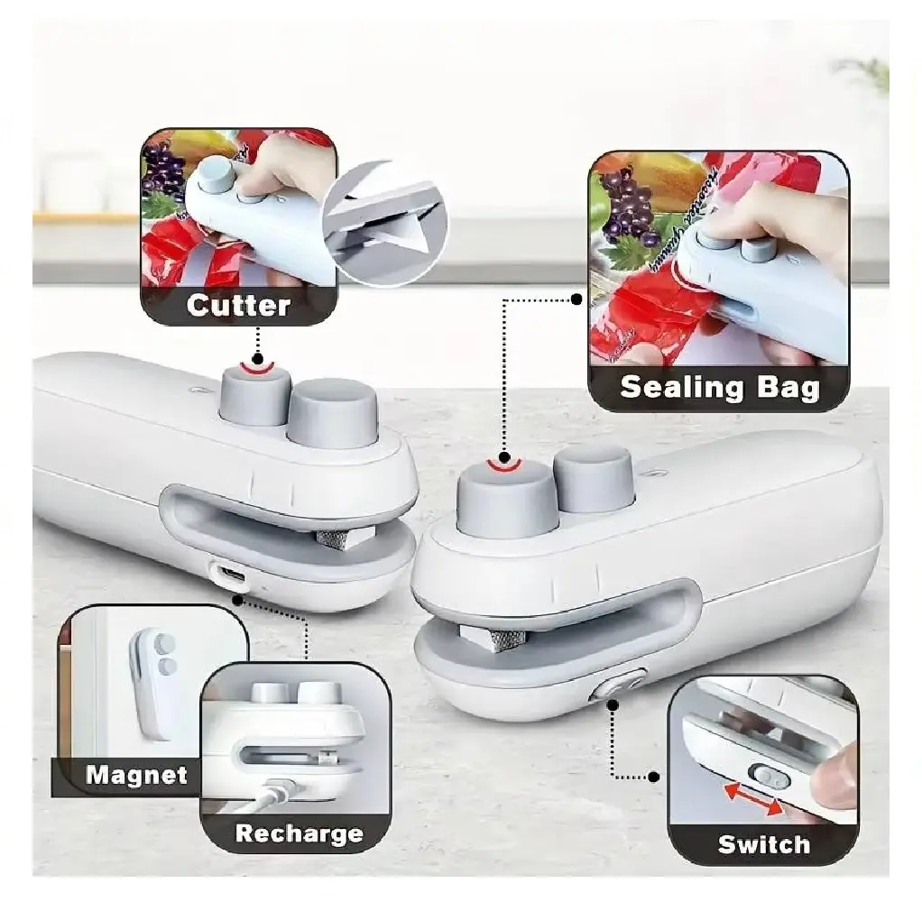 Mini sellador de bolsas blanco 2 en 1 con carga, incluye cortador y tapa magnética.