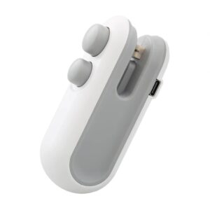 Mini sellador de bolsas 2 en 1 blanco y gris, con botones y puerto de carga USB, ideal para cerrar empaques.