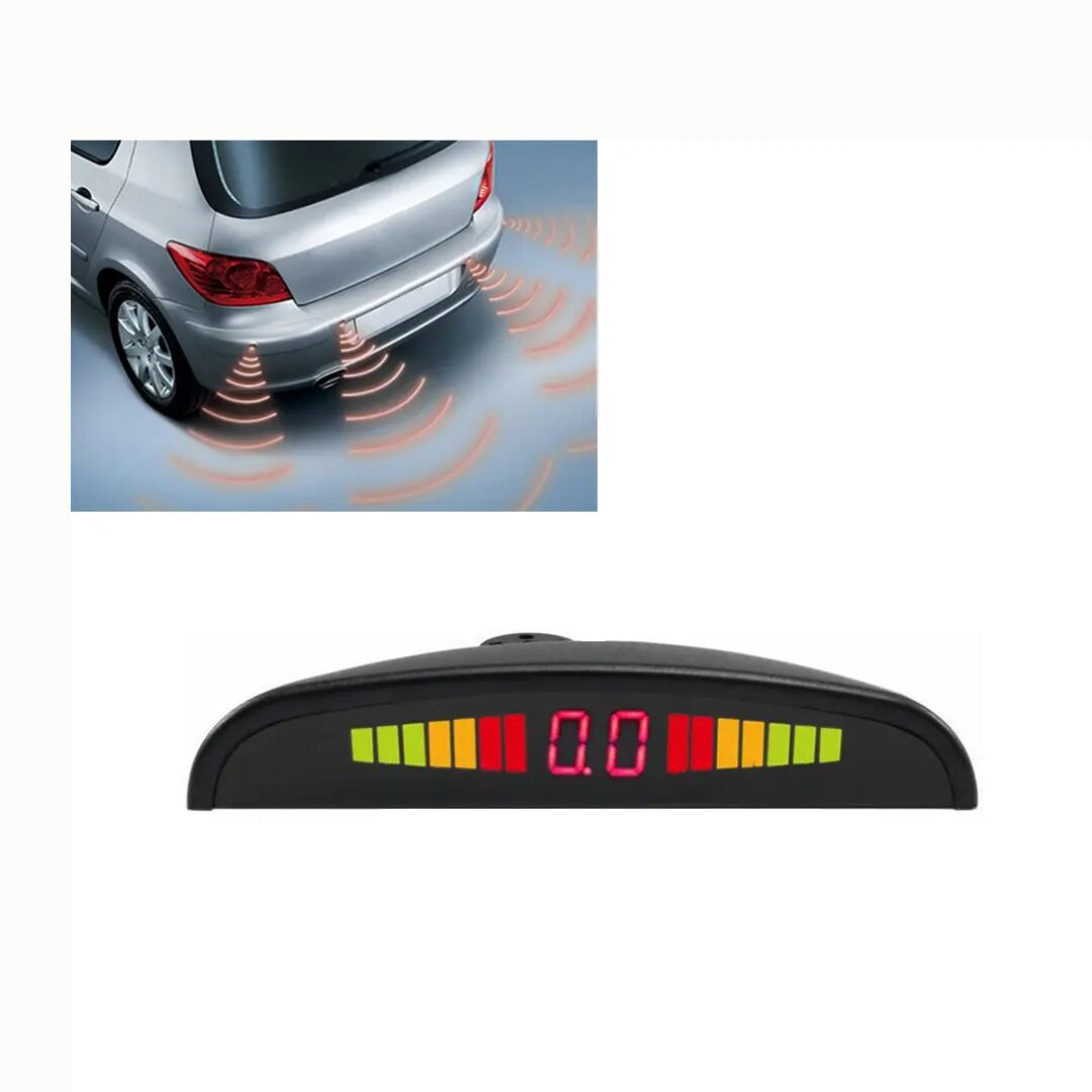 Sensor de reversa media luna con 4 sensores y pantalla digital 0.0, ideal para estacionar sin golpes.
