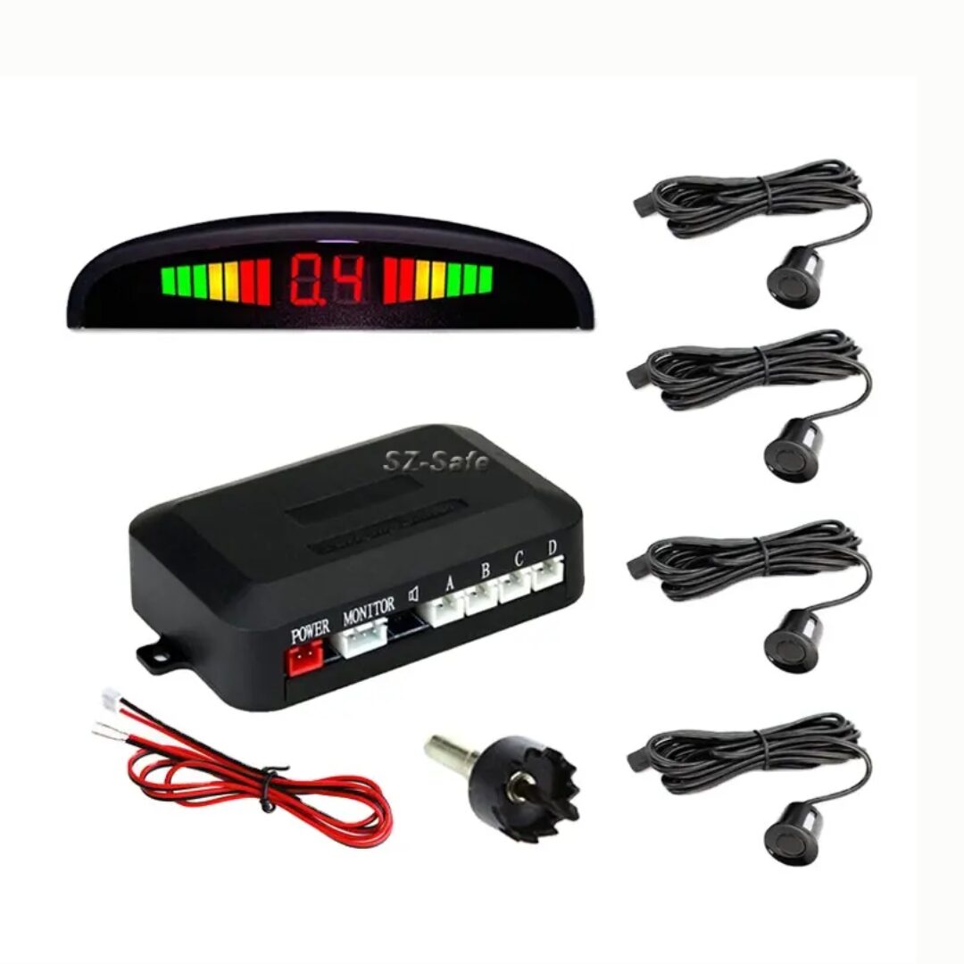 Kit sensor de reversa SZ-Safe con pantalla LED, centralita, 4 sensores negros, broca y cables.