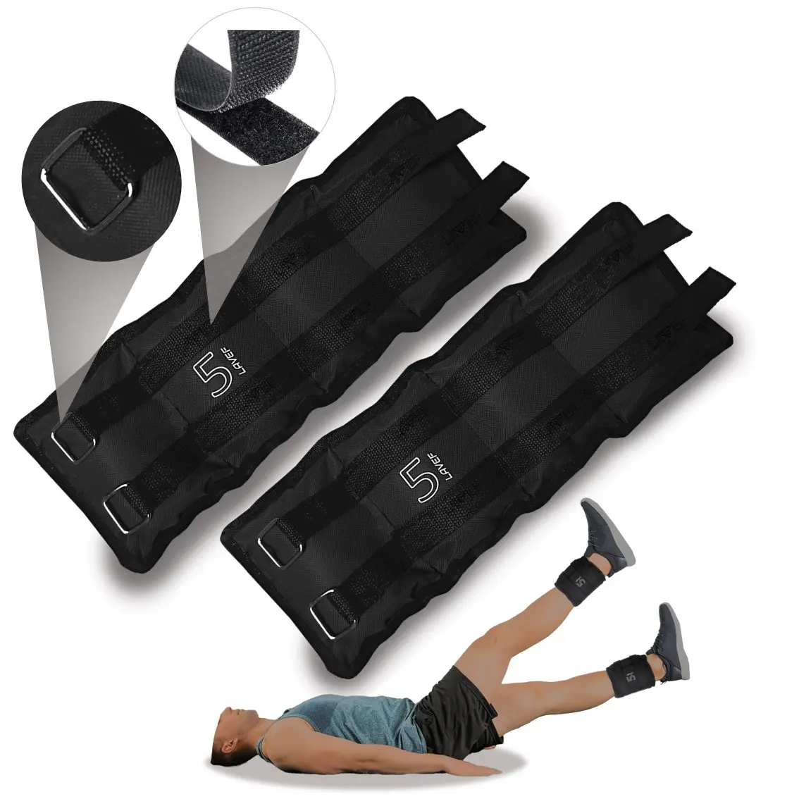 Pesas tobilleras negras básicas de 5K, ajustables con velcro, sobre un hombre realizando ejercicio.