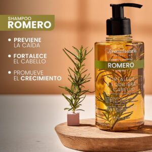 Shampoo de Romero en frasco ámbar de 300 ml con aplicador, ideal para prevenir caída y promover el crecimiento capilar.