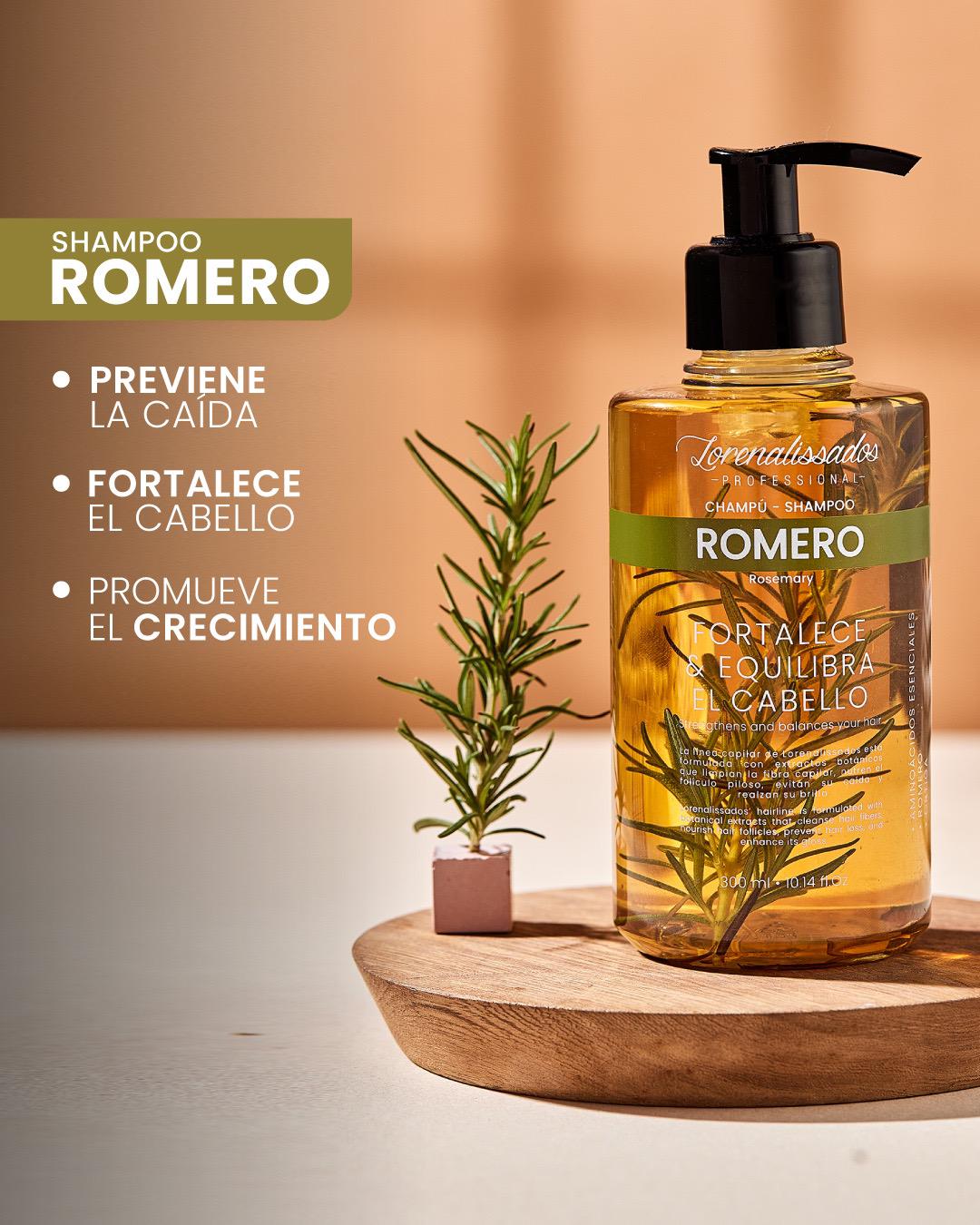 Shampoo de Romero en frasco ámbar de 300 ml con aplicador, ideal para prevenir caída y promover el crecimiento capilar.