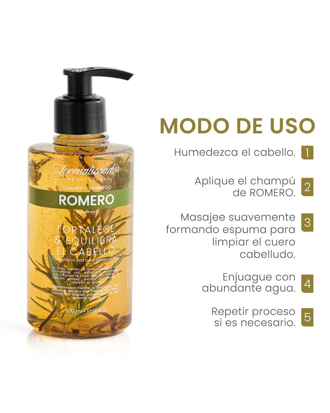 Shampoo Romero, frasco 300ml con aplicador negro, ideal para fortalecer y equilibrar el cabello. Muestra instrucciones de uso.