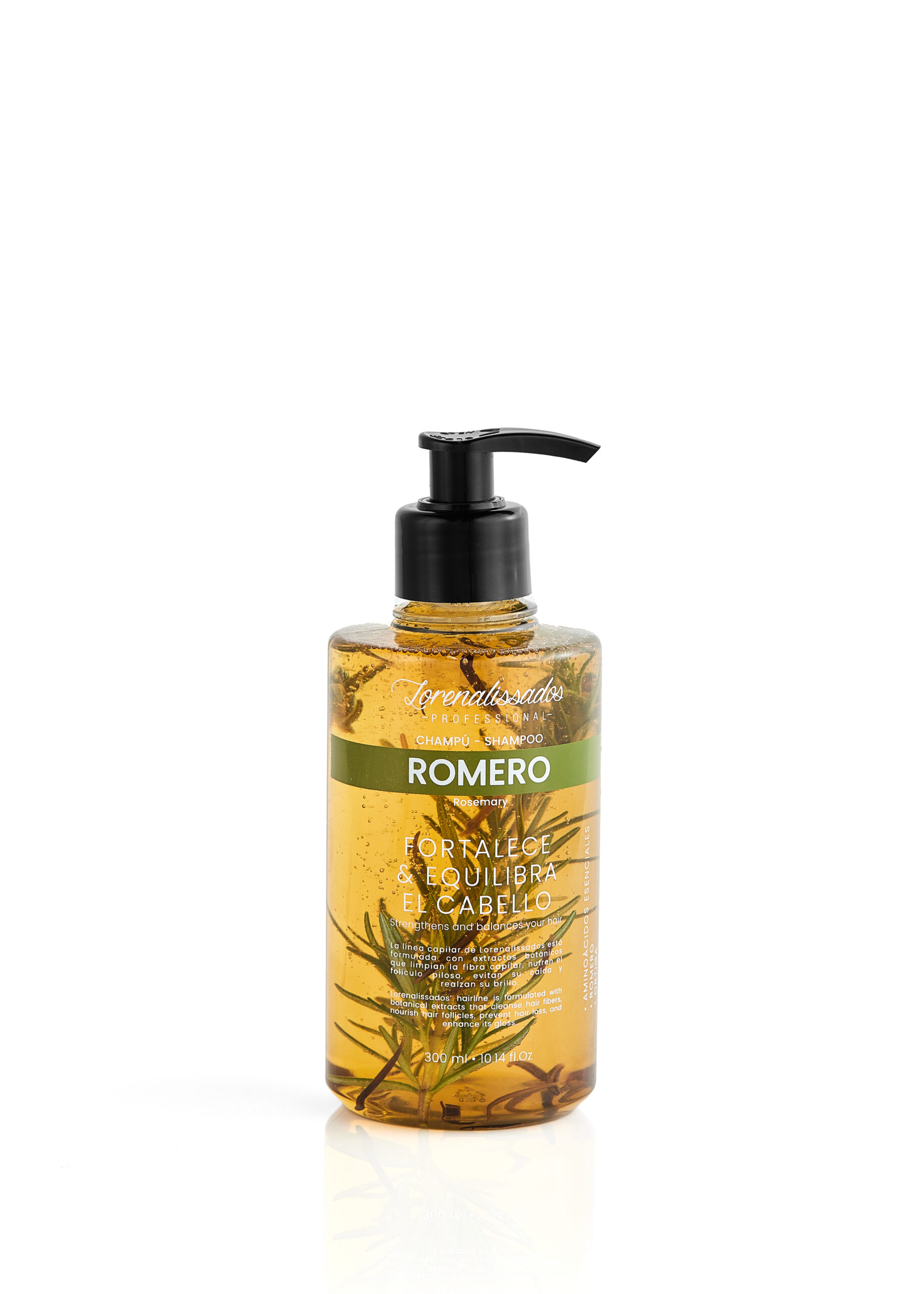 Frasco dispensador de Shampoo Lorenallysados Romero 300ml con ramas de romero dentro.