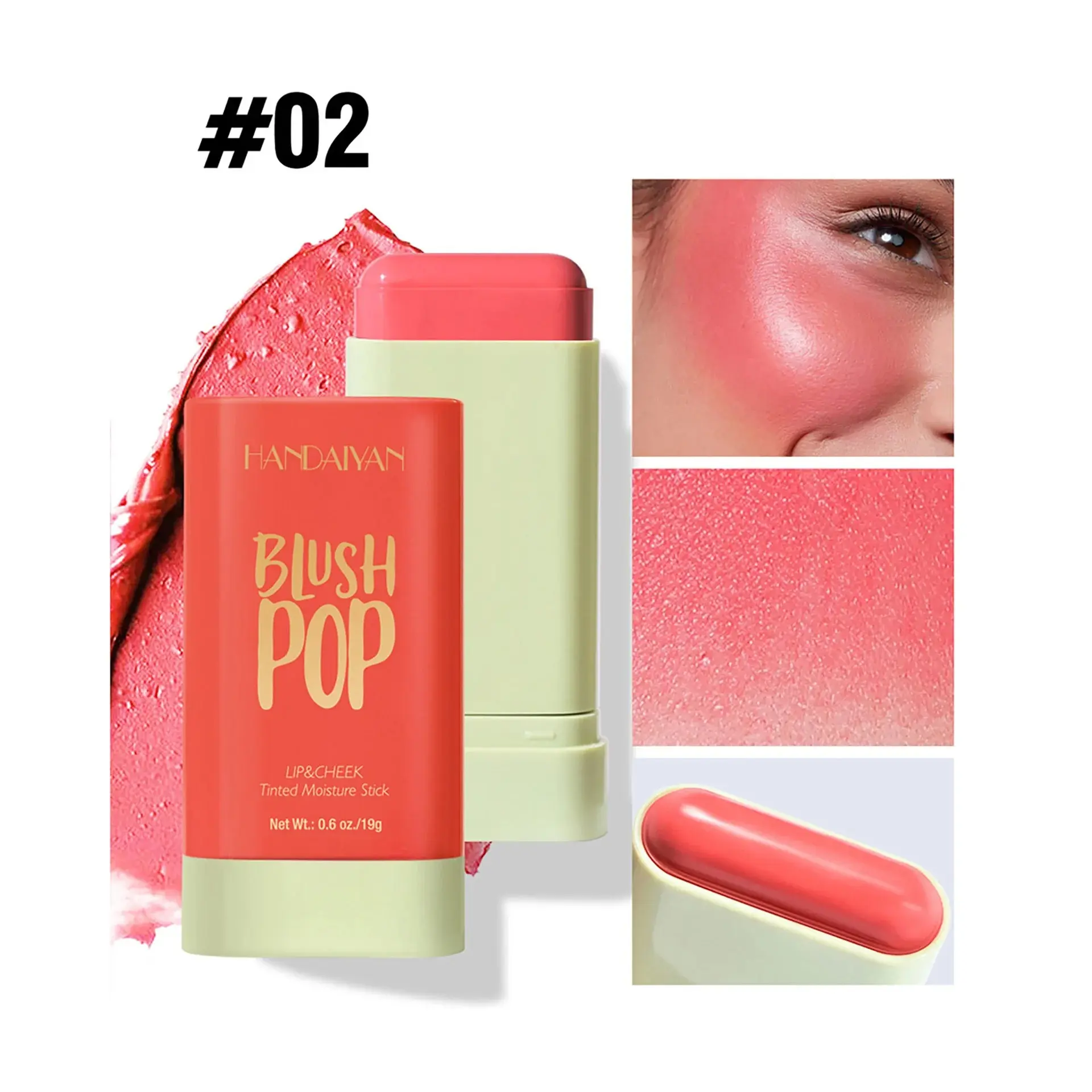 Rubor en barra HANDAIYAN #02 Blush Pop, lip & cheek, 19g, aplicado en mejilla y muestra textura coral.