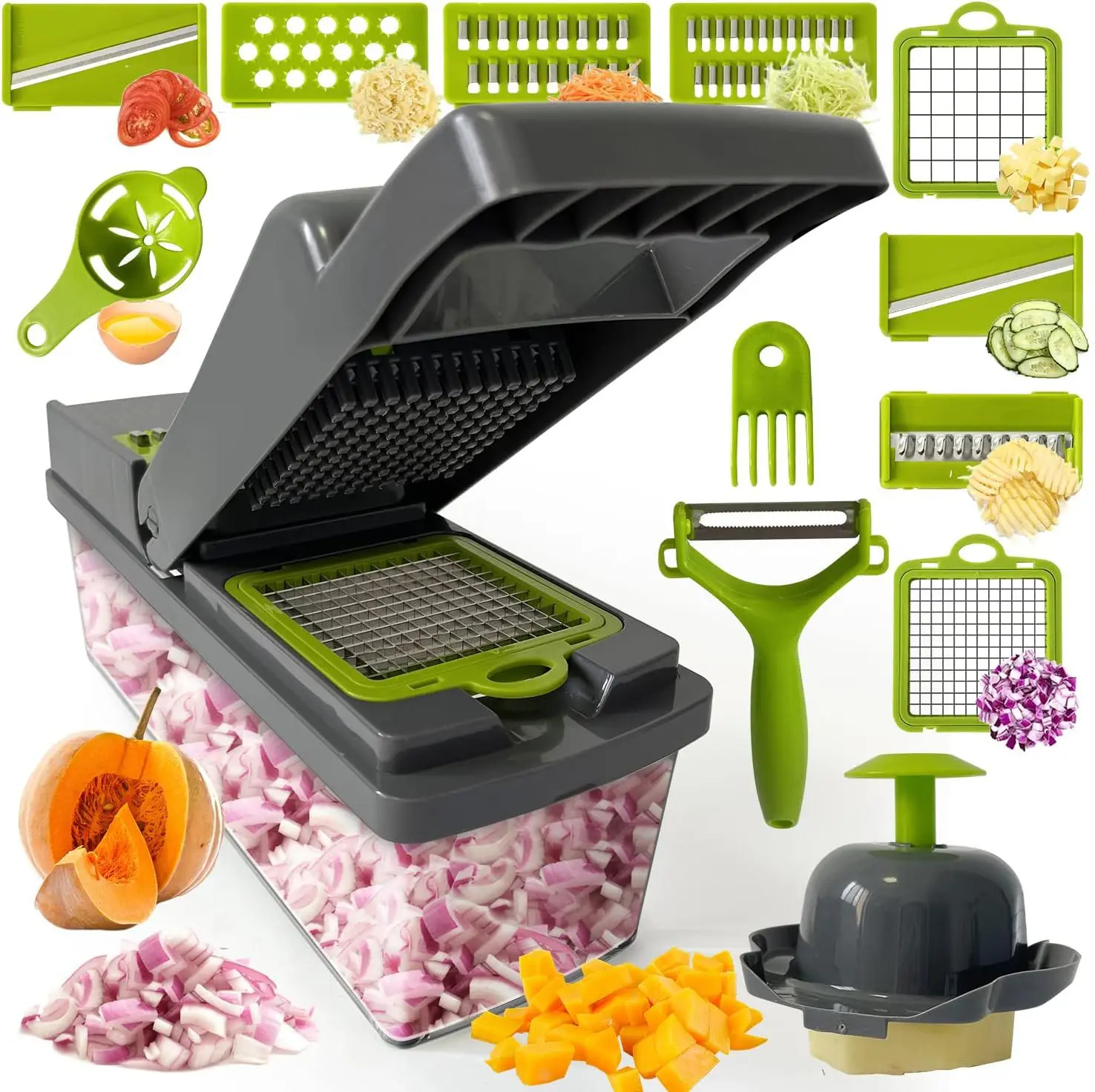 Cortador de verduras 14 en 1 con picador, rallador y pelador, ideal para preparar comidas rápidamente.