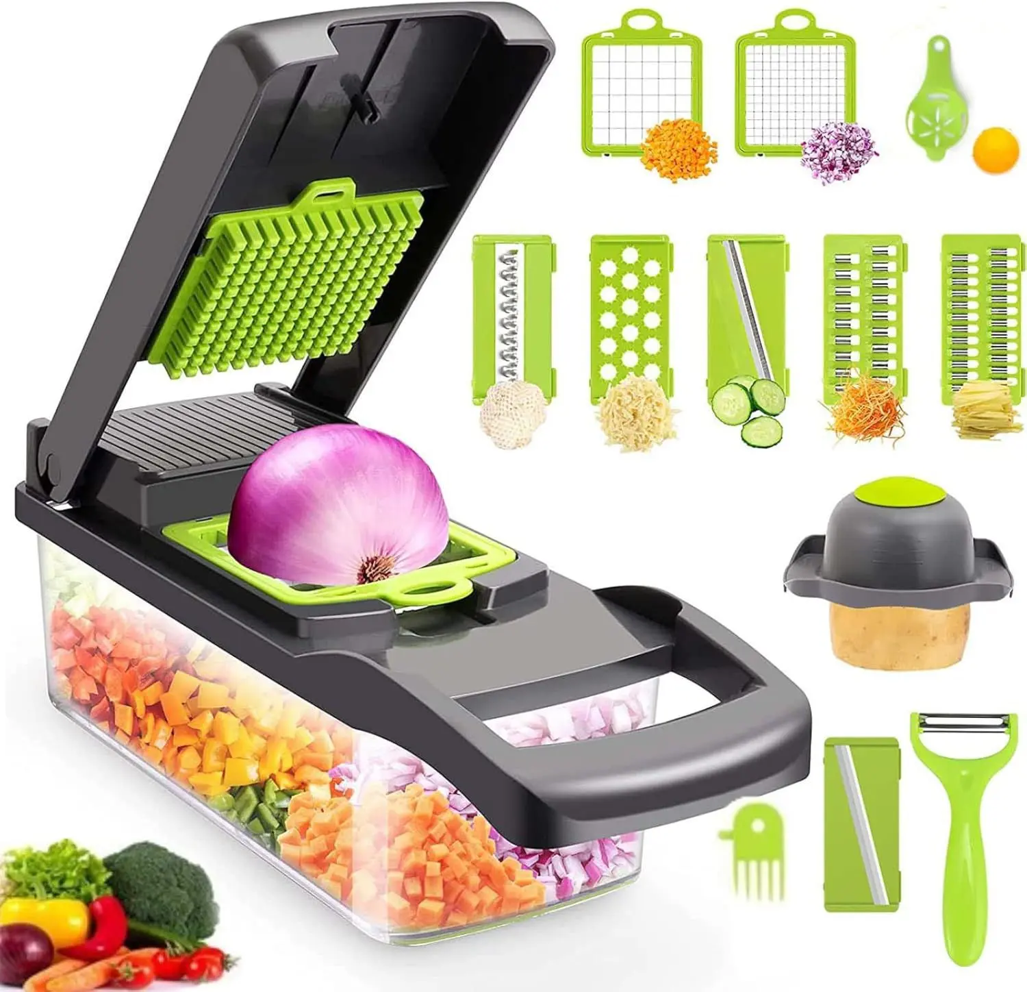Picador de verduras 14 en 1 con recipiente, accesorios intercambiables y pelador.