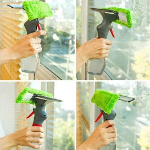 Limpiador de ventanas 3 en 1 con spray y escobilla de microfibra verde, ideal para superficies de vidrio.