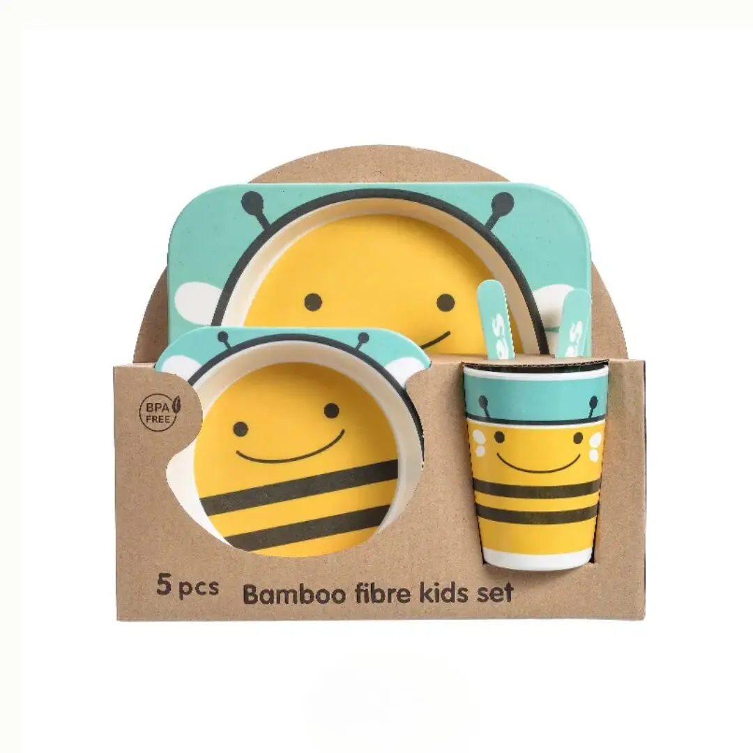 Set vajilla bambú 5 piezas para bebé con diseño de abeja, incluye plato, tazón, vaso y cubiertos.