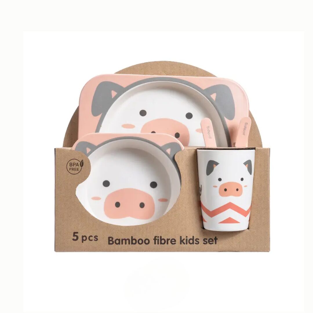 Set vajilla bambú 5 piezas para bebé, diseño de cerdito rosa, incluye plato, tazón, vaso y cubiertos.