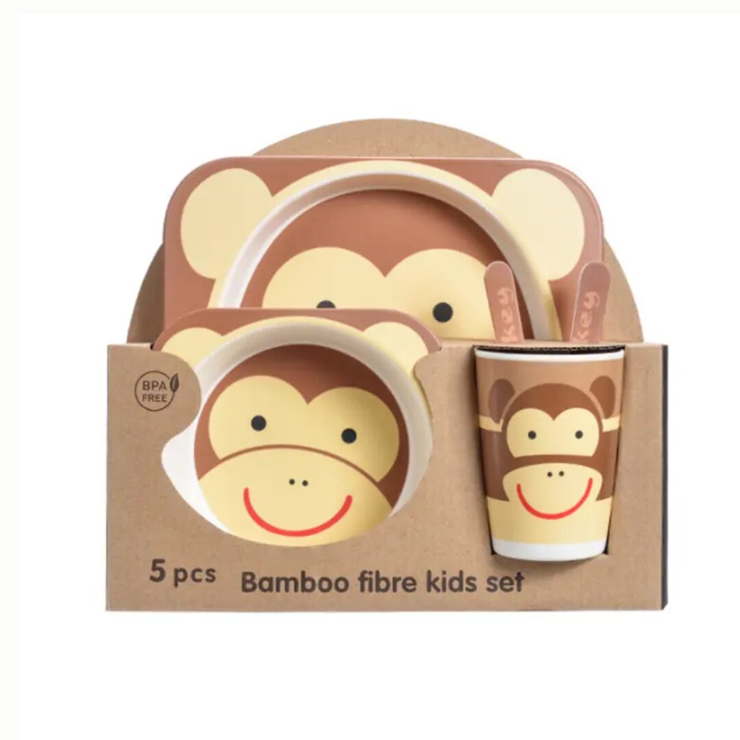 Set vajilla bambú 5 piezas mono sonriente, incluye plato, tazón, vaso y cubiertos. Libre de BPA.