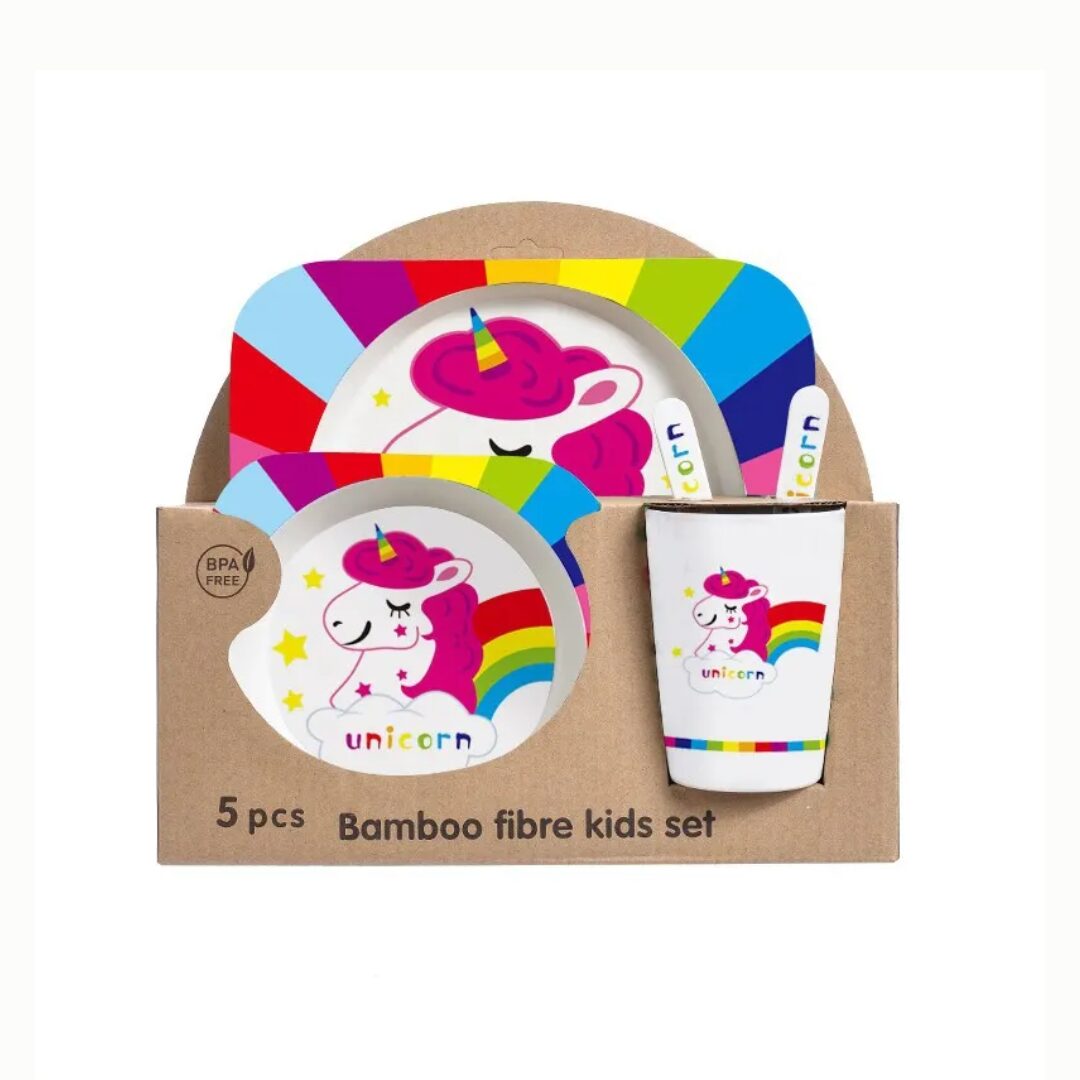 Set de vajilla infantil de bambú 5 piezas con unicornios y arcoíris, BPA free. Incluye plato, tazón, vaso y cubiertos.
