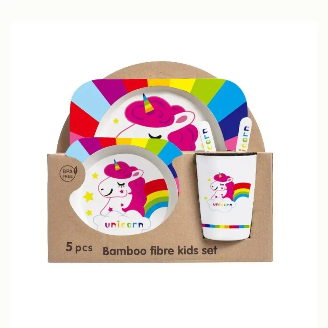 Set de vajilla infantil de bambú 5 piezas con unicornios y arcoíris, BPA free. Incluye plato, tazón, vaso y cubiertos.