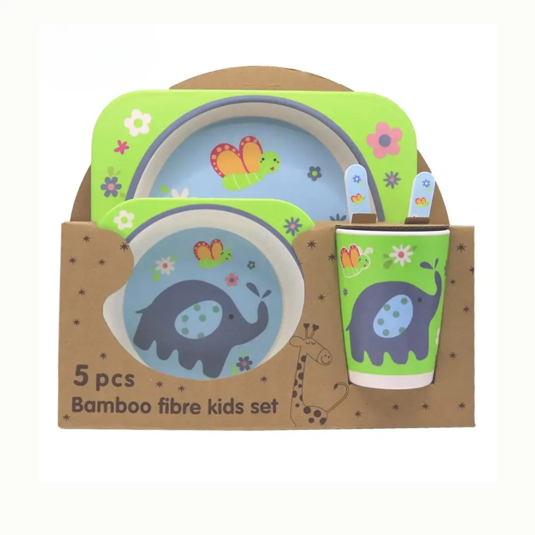 Set vajilla bambú 5 piezas para niños con diseño de elefante y mariposa, incluye plato, cuenco, vaso y cubiertos.