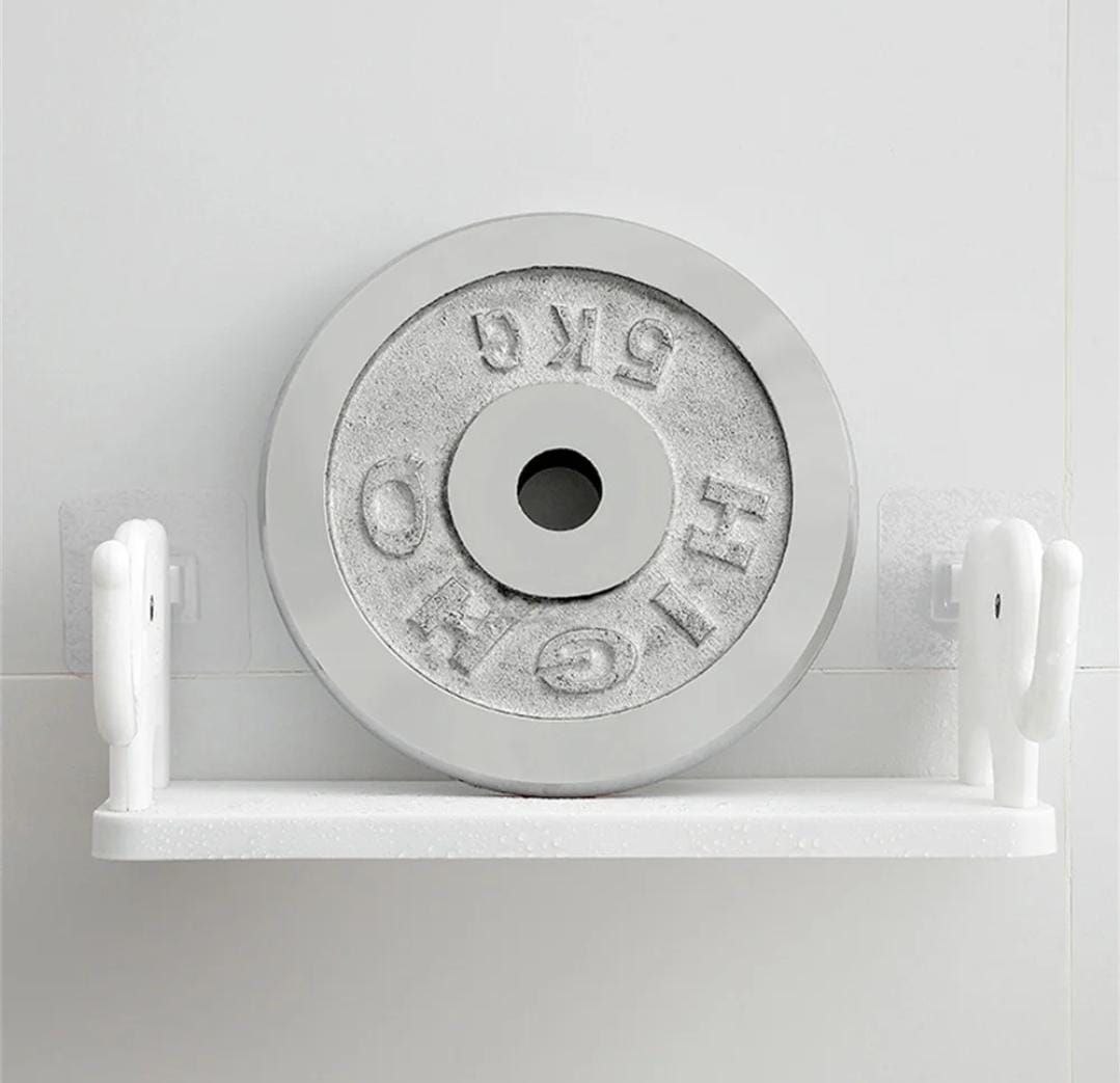 Estante blanco con peso de disco de 5kg y soportes de cactus, ideal para almacenamiento.