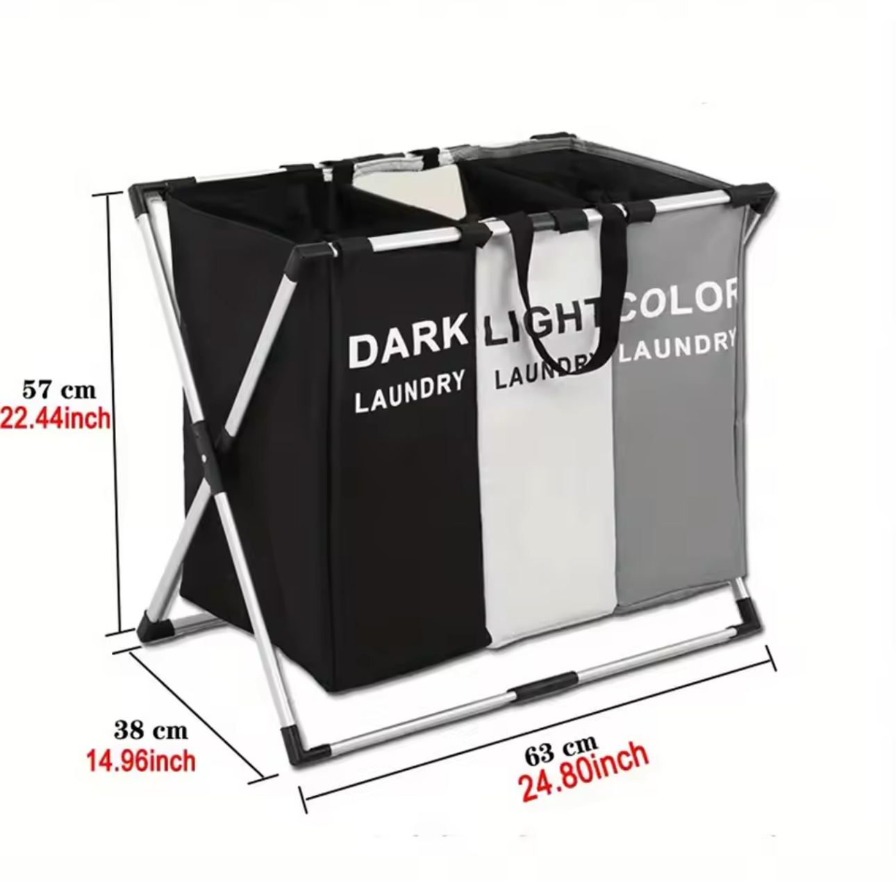 Cesta clasificadora de ropa para lavandería, tres compartimentos, color negro, blanco y gris, plegable.