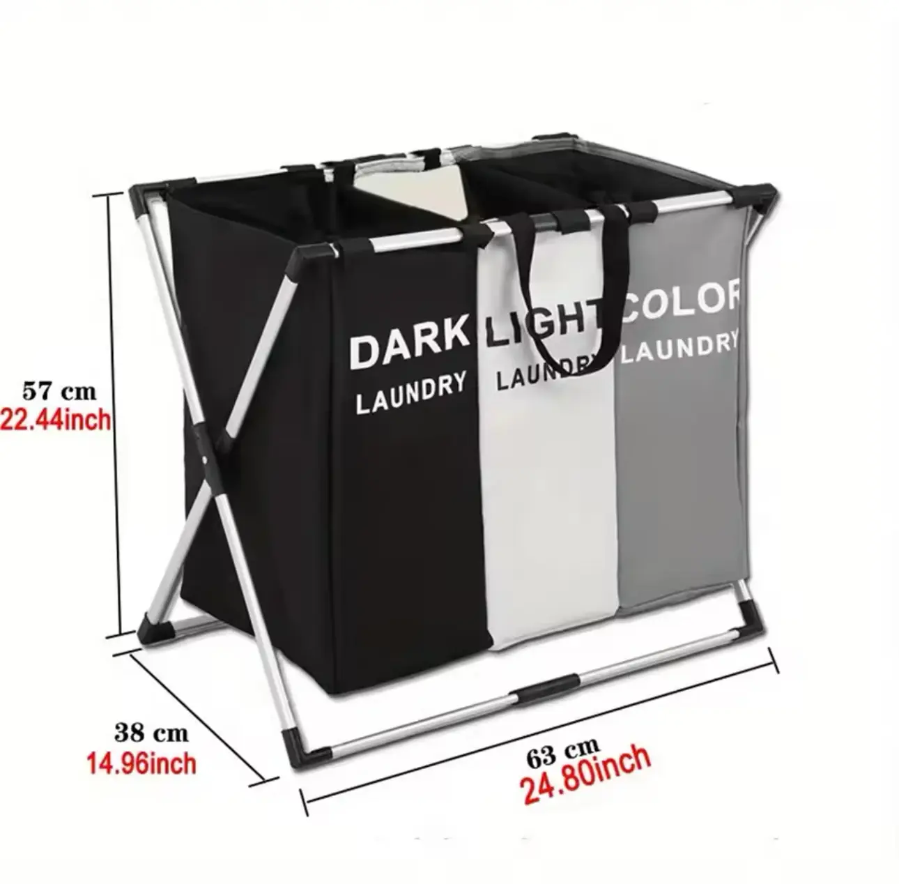 Cesta clasificadora de ropa para lavandería, tres compartimentos, color negro, blanco y gris, plegable.