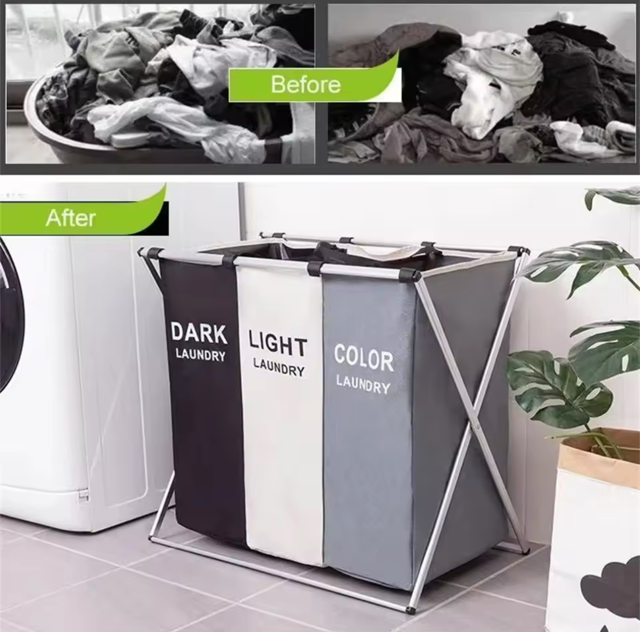 Cesta clasificadora de ropa sucia con tres compartimentos: "DARK", "LIGHT", "COLOR".