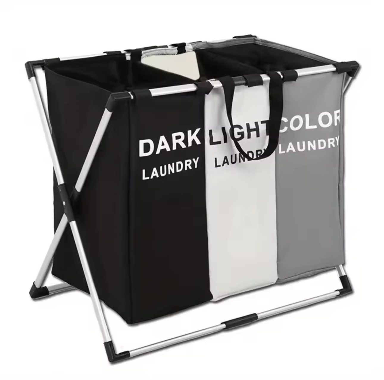 Cesta clasificadora de ropa de lavandería de 3 compartimentos, gris, negro y blanco.