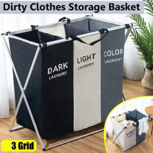 Cesta clasificadora de ropa de lavandería de 3 compartimentos en negro, blanco y gris con estructura metálica.