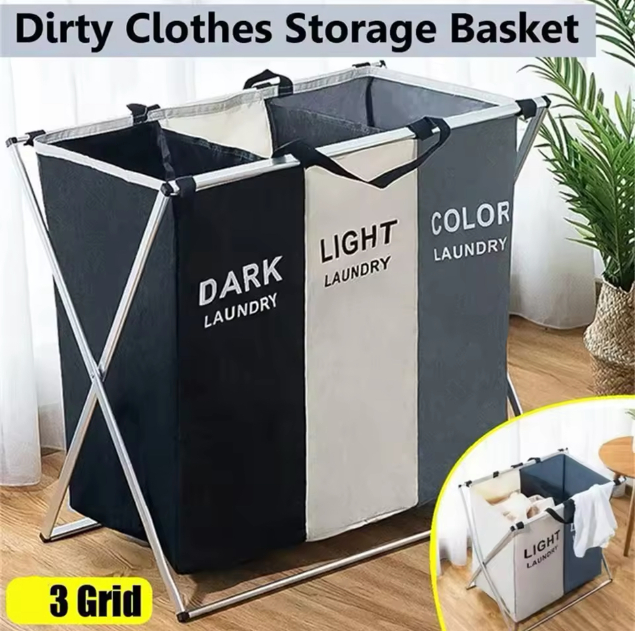 Cesta clasificadora de ropa de lavandería de 3 compartimentos en negro, blanco y gris con estructura metálica.