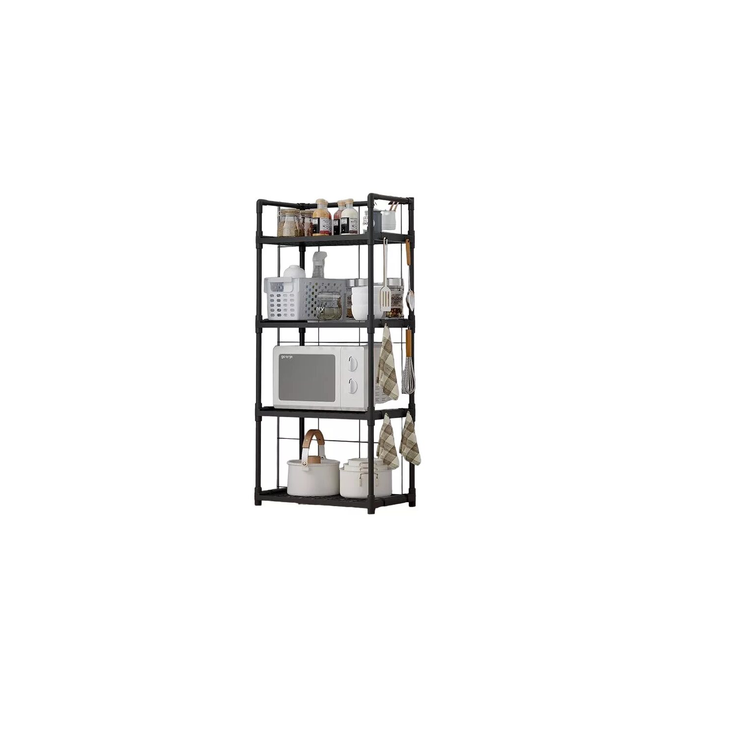 Estante organizador de cocina negro con microondas, canastas, frascos y paños colgantes.