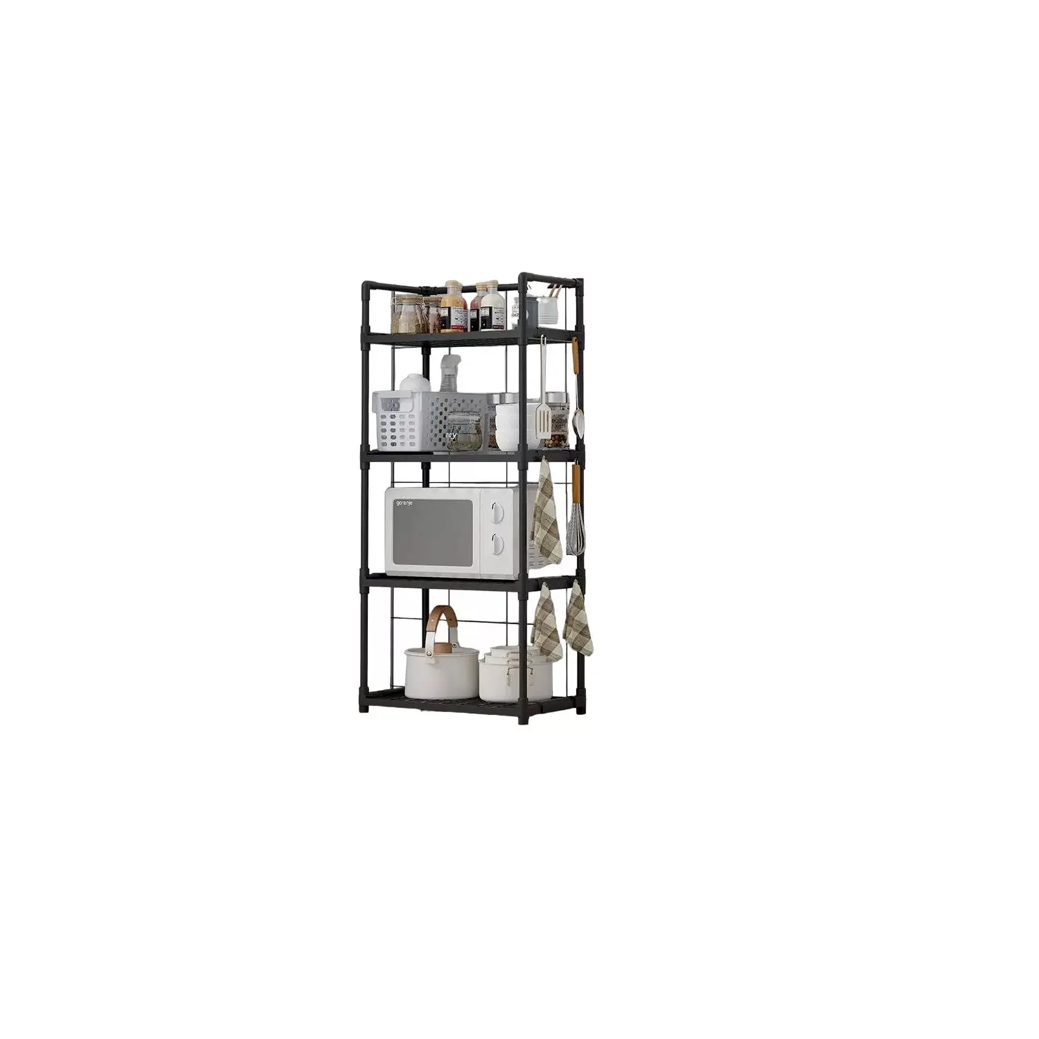 Estante organizador de cocina negro con microondas, canastas, frascos y paños colgantes.