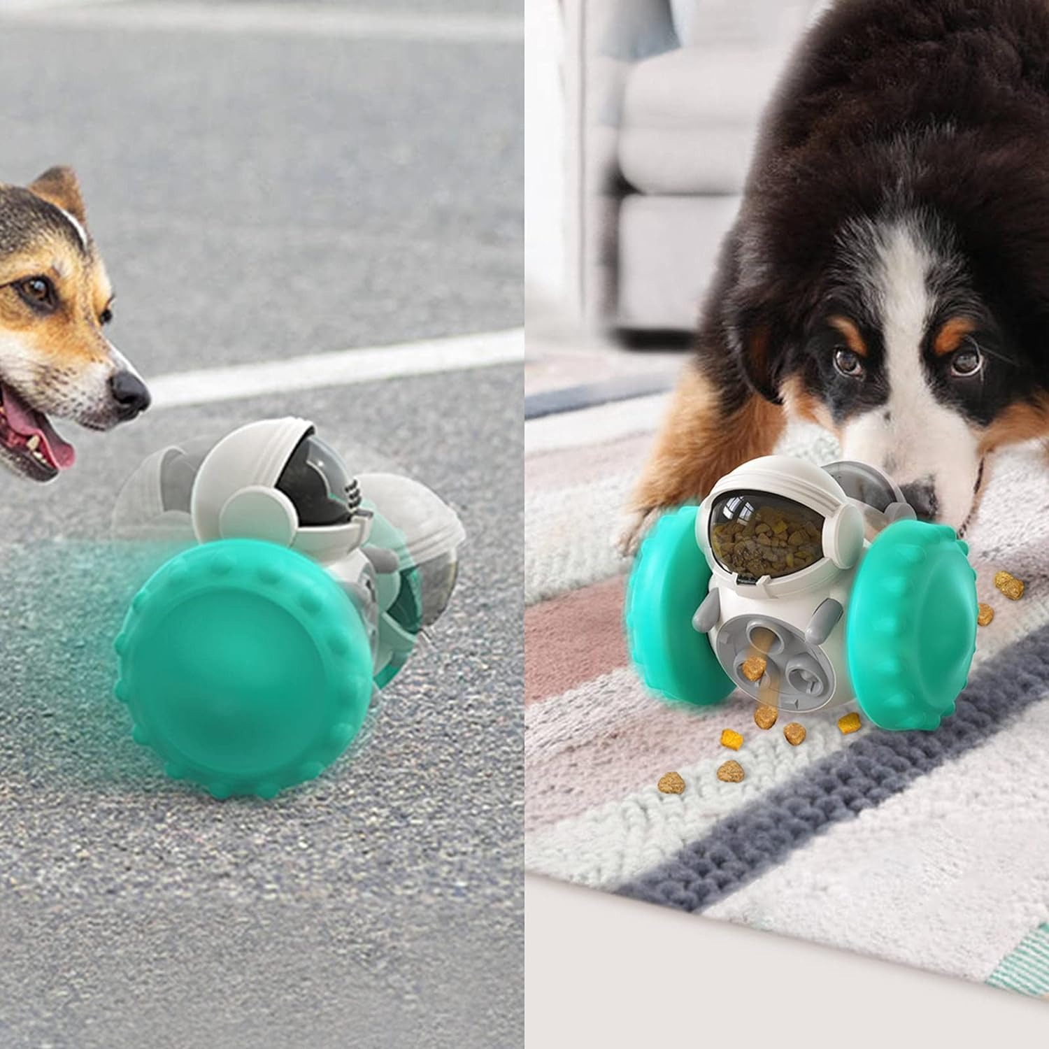 Perro jugando con dispensador de comida robot en forma de astronauta, libera croquetas.