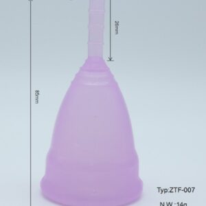 Copa menstrual de silicona color lila, talla S, 85mm de alto, 43mm de ancho, 26mm de tallo.