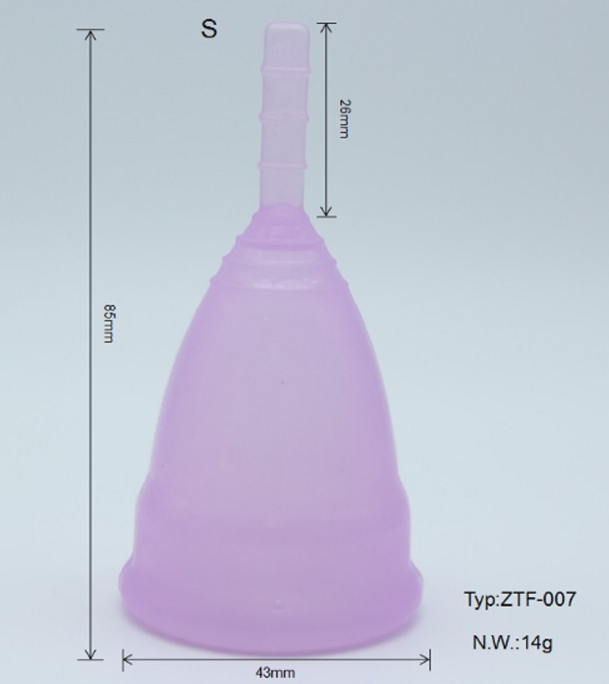 Copa menstrual de silicona color lila, talla S, 85mm de alto, 43mm de ancho, 26mm de tallo.