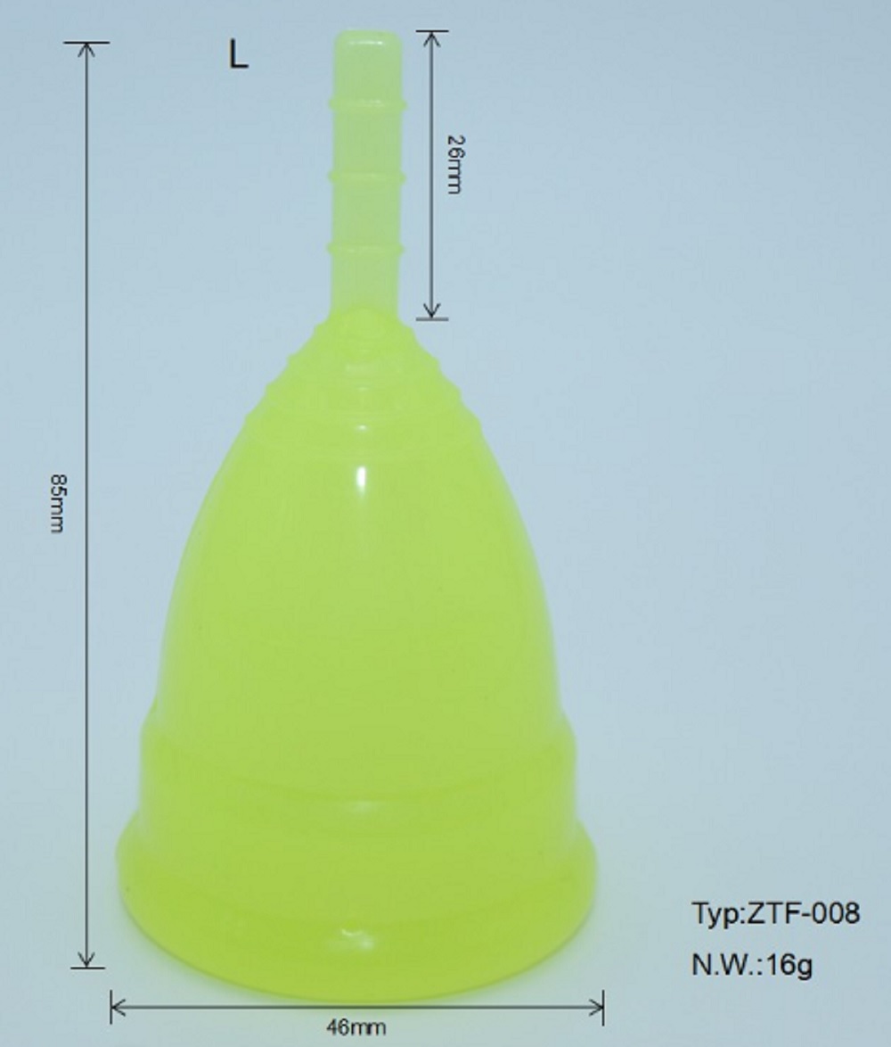 Copa menstrual de silicona, color verde lima, talla L, 85mm alto, 46mm ancho base.