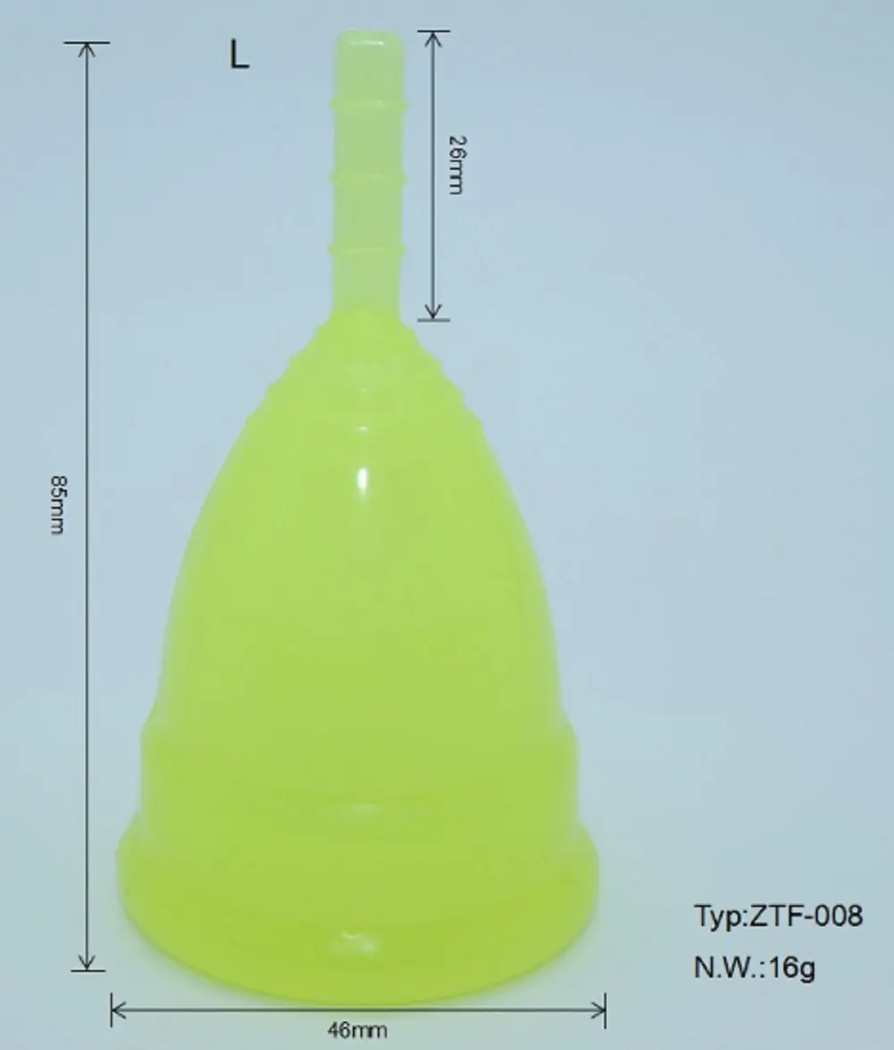 Copa menstrual de silicona, color verde lima, talla L, 85mm alto, 46mm ancho base.