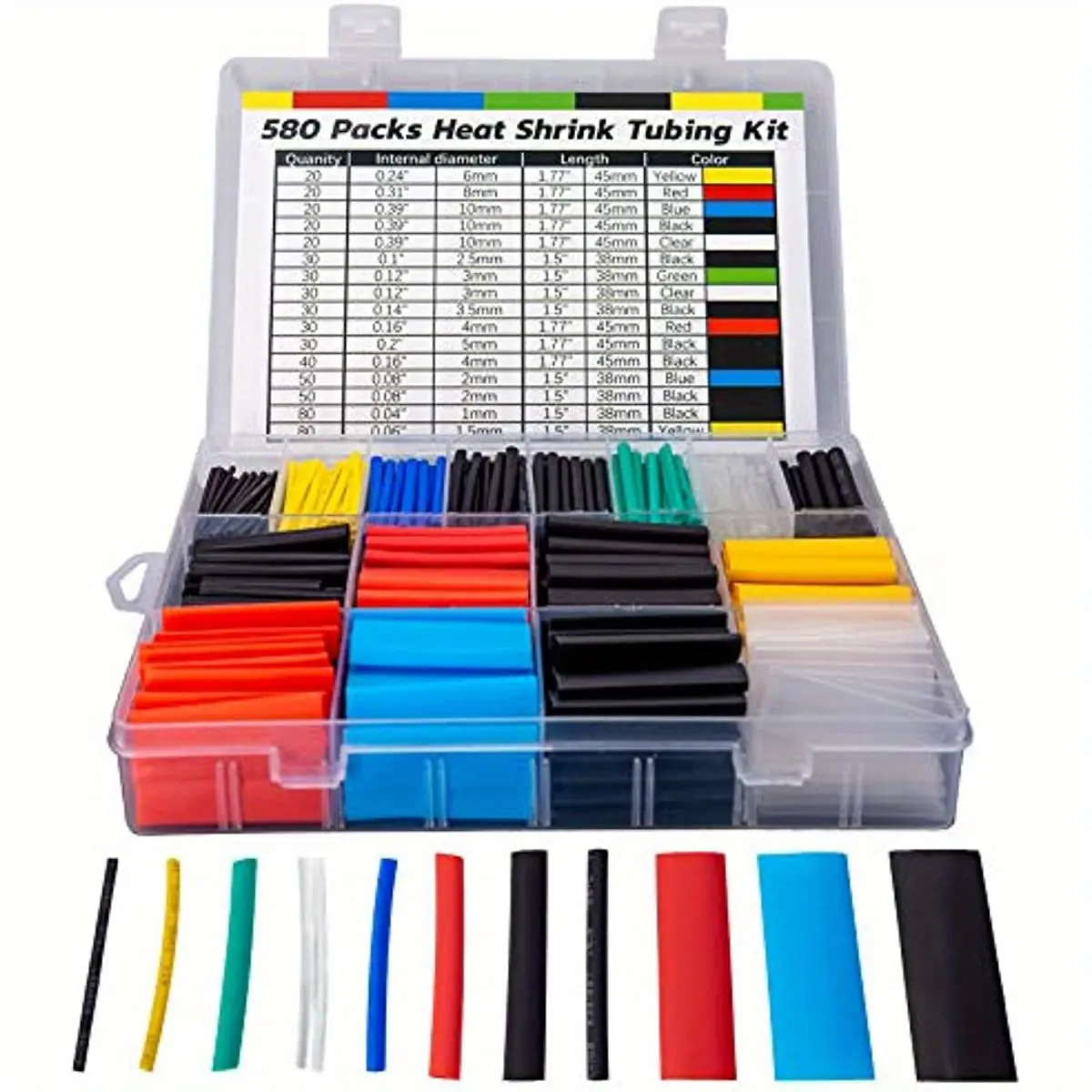 Kit de tubos termorretráctiles en caja organizadora con diversos colores: negro, rojo, azul, amarillo, verde y transparente.