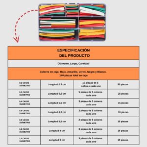 Set de tubos termorretráctiles colores surtidos para cables, especificaciones de diámetro, largo y cantidad.