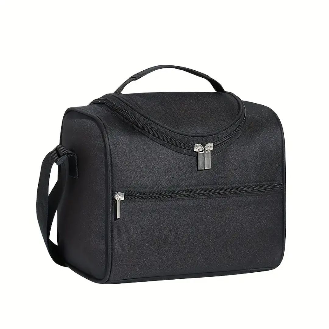 Lonchera térmica negra, amplia, con dos compartimentos con cremallera y asa superior, ideal para transportar alimentos.