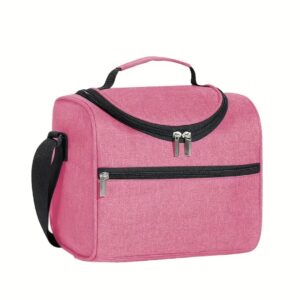 Lonchera térmica rosa con dos compartimentos con cremallera, asa y correa ajustable.