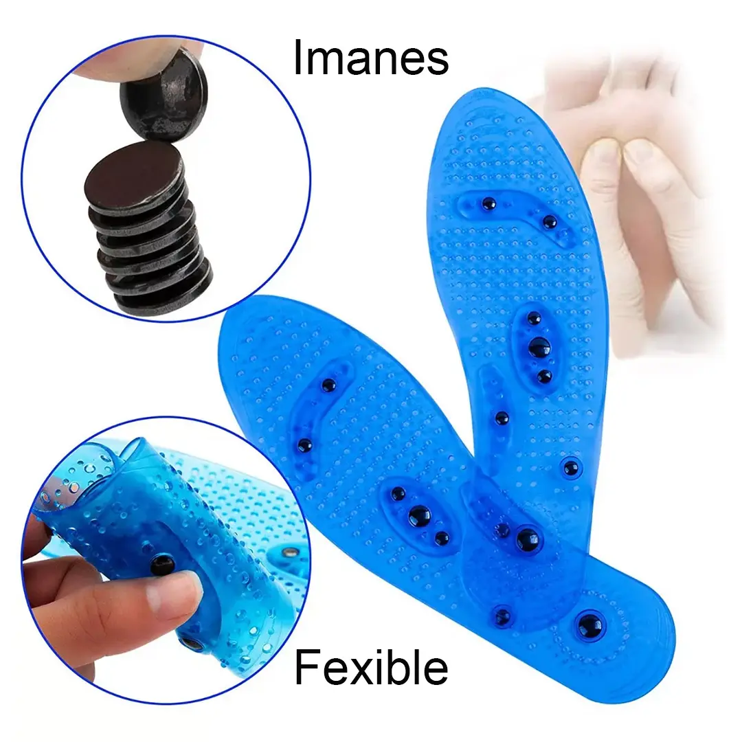 Plantillas terapéuticas azules flexibles con imanes, ideales para alivio del dolor y bienestar.